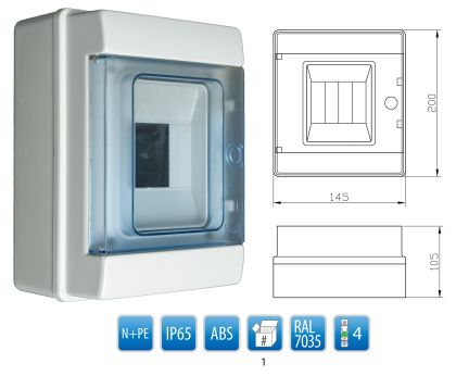 Влагозащитено апартаментна табло Pawbol C.14504 - 4 модула, IP65, N+PE клема, опушен капак