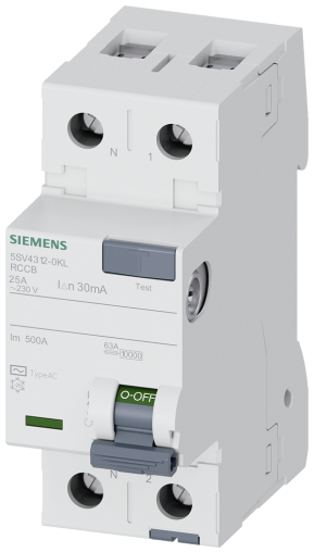 Дефектнотокова защита Siemens 5SV4312-0KL, 2P, 25A, 30mA, тип AC, лява нула