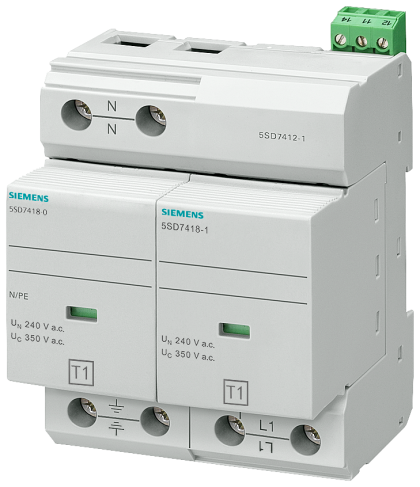 Катоден отводител Siemens 5SD7412-1 - Тип 1, 25kA, 350V, 1P+N/PE, TN-S, 4 мод.