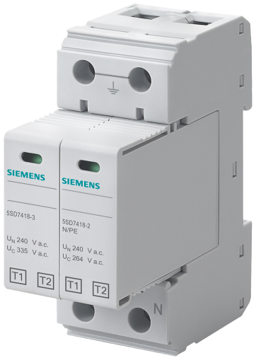 Катоден отводител Siemens 5SD7412-2 - Тип 1/2, 12.5kA, 335V, 1P+N/PE, 2 мод.