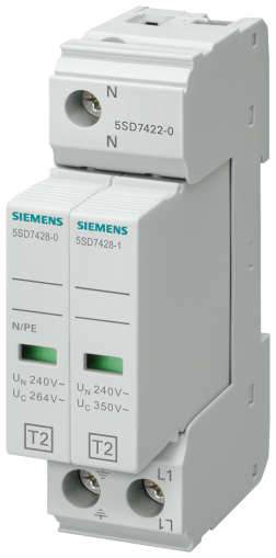 Катоден отводител Siemens 5SD7422-0 - Тип 2, 20/40kA, 350V 1P+N/PE, 2 мод.