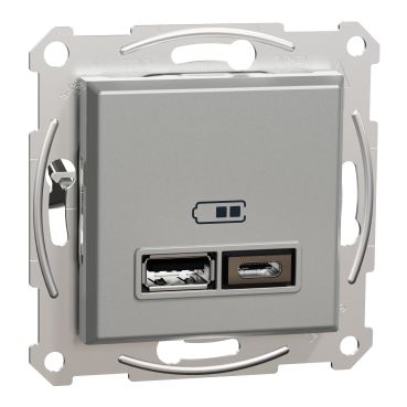 Розетка 2xUSB за зареждане тип A+C 2.4A 12W Schneider Asfora EPH2700361 - Алуминий