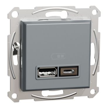 Розетка 2xUSB за зареждане тип A+C 2.4A 12W Schneider Asfora EPH2700362 - Стомана